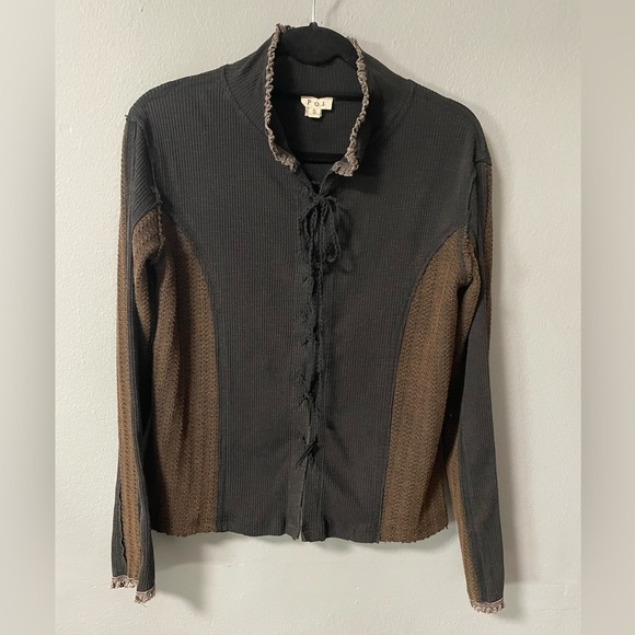 NWOT POL Lace up front top with crochet  details in black and brown. Size Small - Picture 1 of 7